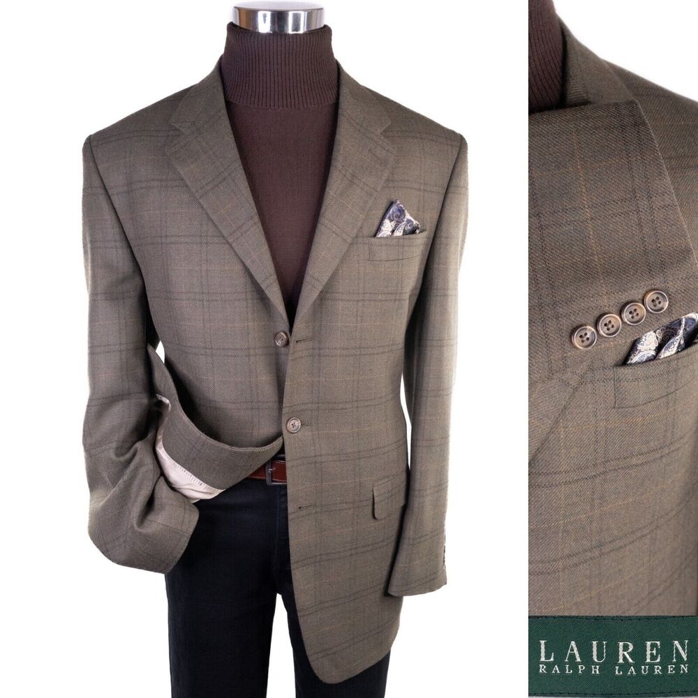 Lauren Ralph Lauren wool Blazer Mens Sz 44L Three Button Sport Coat Jacket Olive